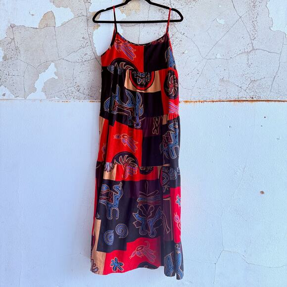 Boho Patchwork Midi Dress Sleeveless Flowy Fit Red Black Multicolor - Picture 1 of 6